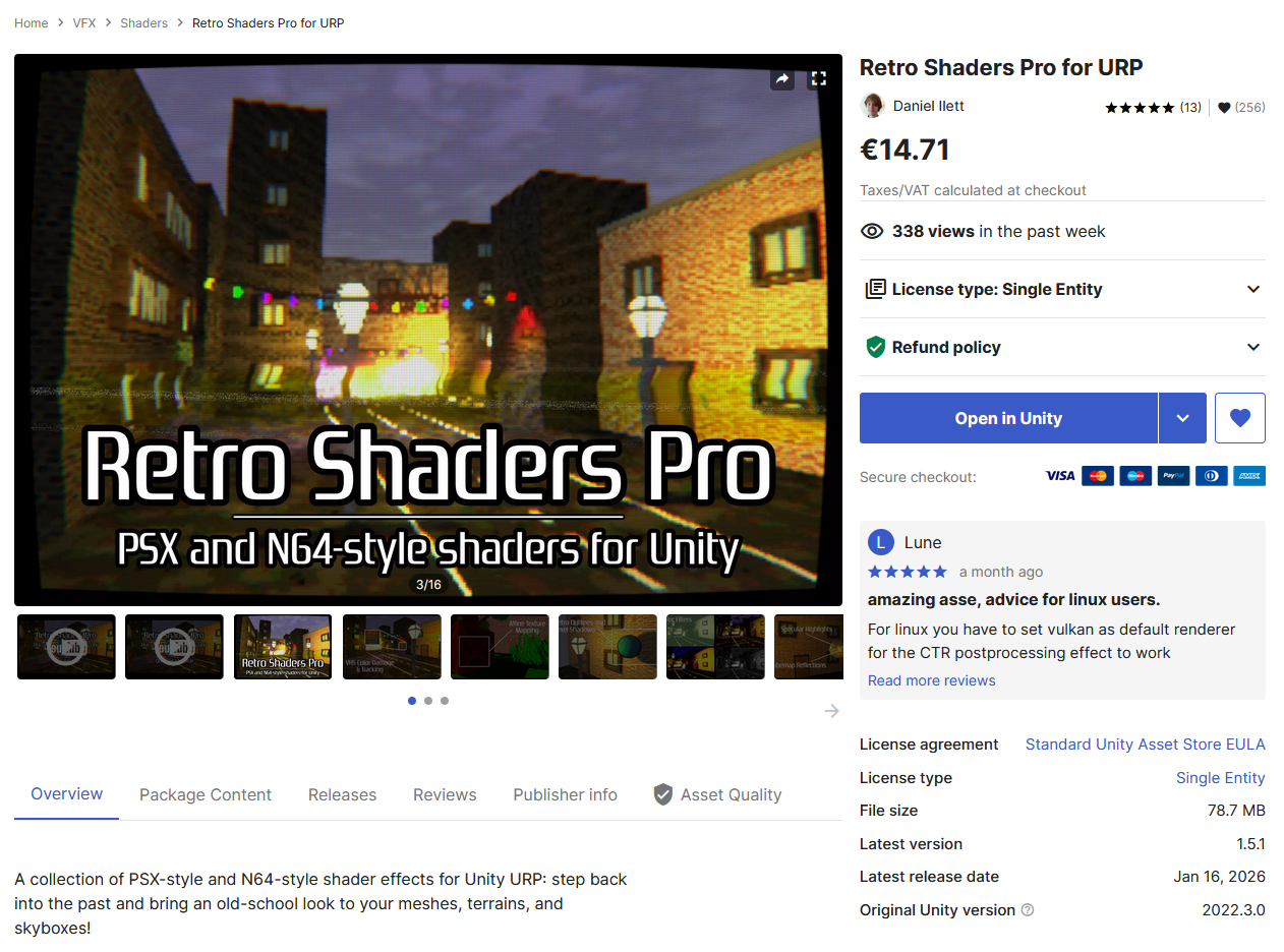 Asset Store page for Retro Shaders Pro.