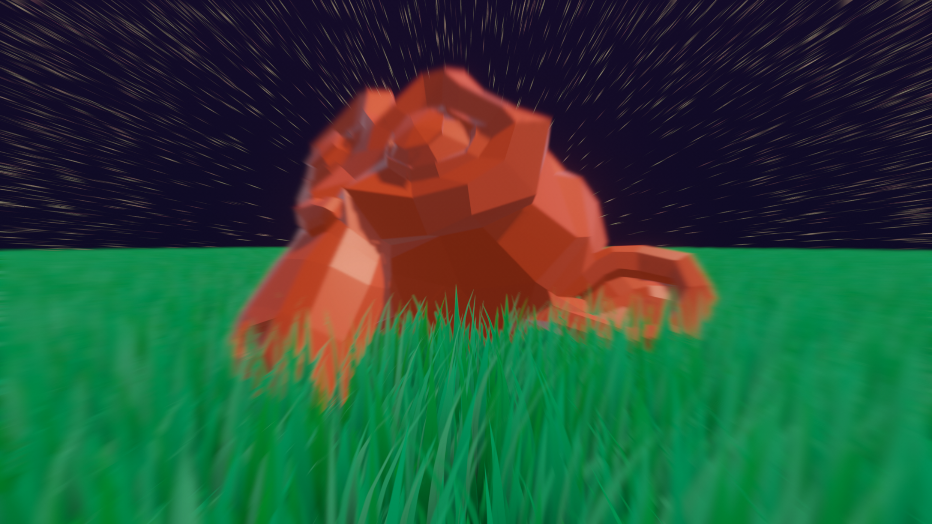 The Blender Suzanne mesh in the middle of a grassy scene with a radial blur effect applied over it.