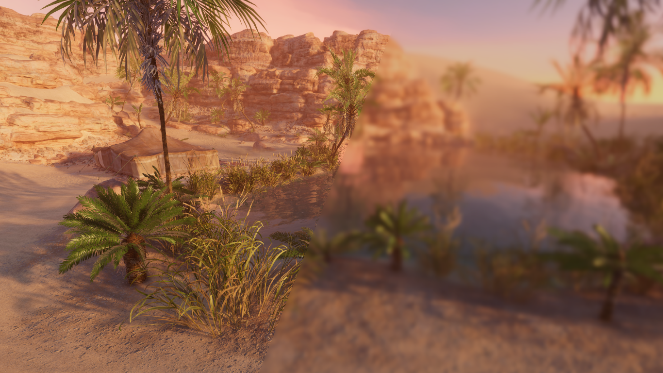 A Guassian blur effect applied to the URP Sample Assets Oasis scene.