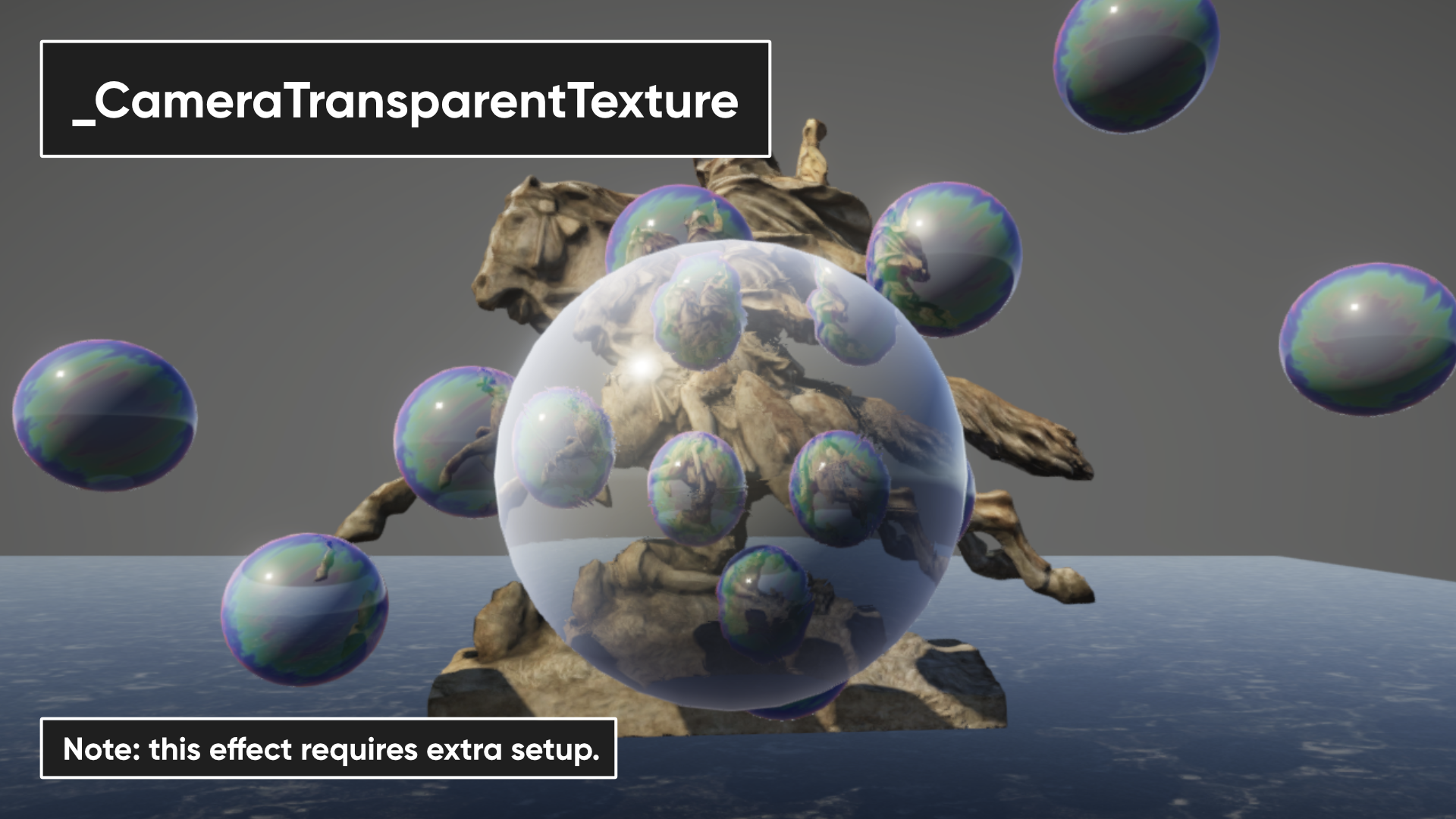 An example of using the camera transparent texture to view transparent objects in the scene texture.
