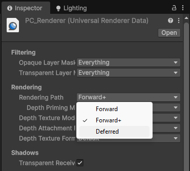 The Universal Renderer Data asset lets you pick between rendering paths.