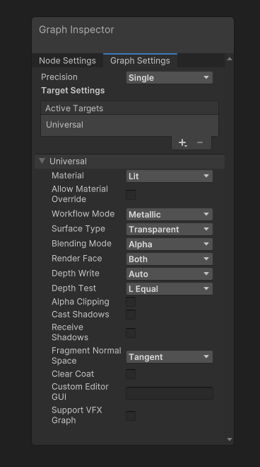 Graph Settings window, including Material=Lit, Surface=Transparent, and Render Face=Both.