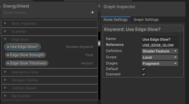 The Use Edge Glow keyword, which can be used to turn off the glowing edges and replace them with a value of 0.