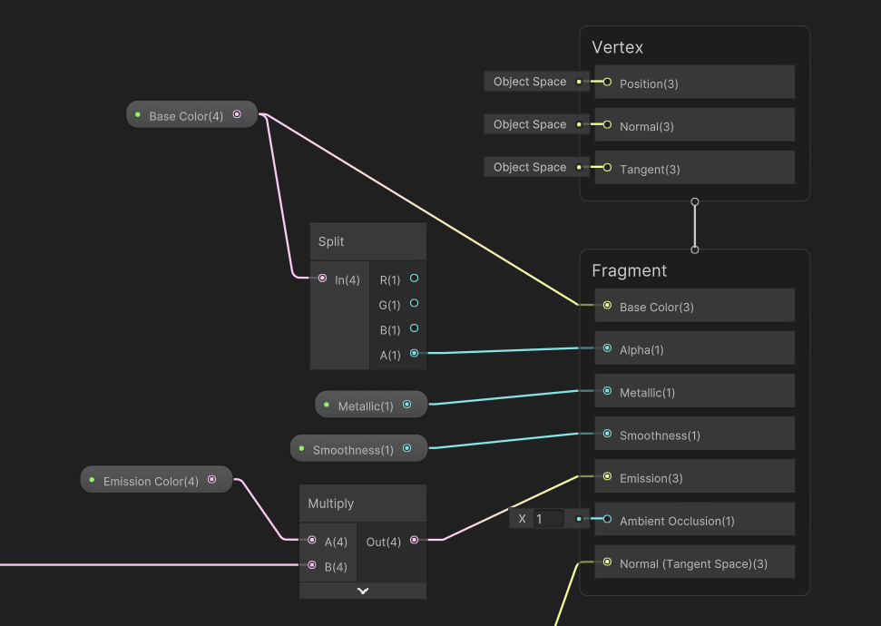Graph outputs for Base Color, Metallic, Smoothness, and Alpha.