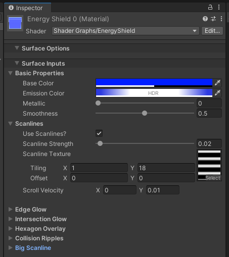 The shader properties displayed on the Inspector window when a material is selected.