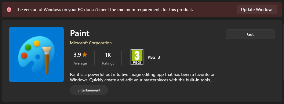 Microsoft being Microsoft (not letting me download MS Paint, software from 1985).