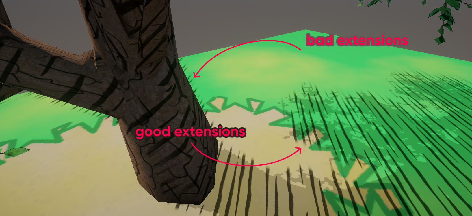 Extending shadows works, but looks poor at object boundaries.