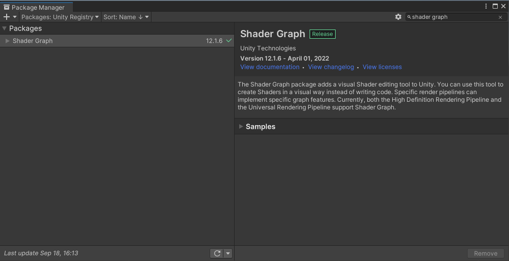Installing Shader Graph via the Package Manager.