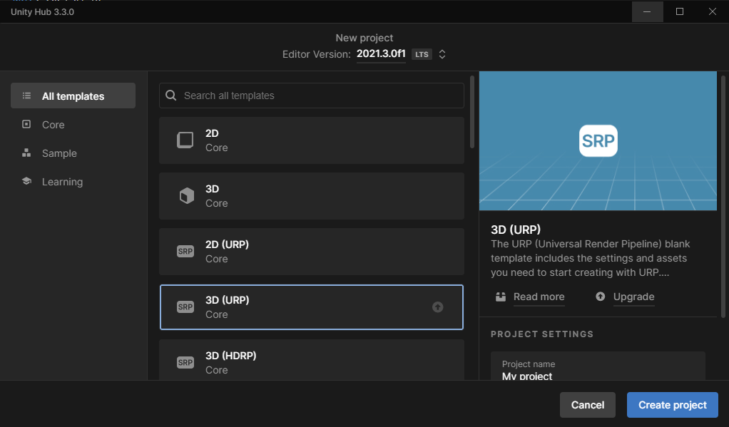 Unity Hub template choices.