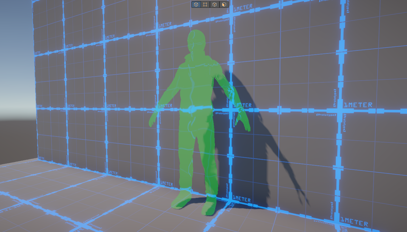 A character with the completed stealth camo shader attached.