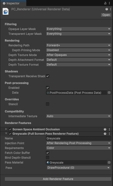 Setup for the Greyscale Renderer Feature.